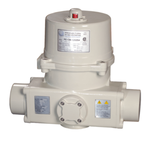 Beige industrial valve actuator with a red indicator on top and mounting flanges on the sides